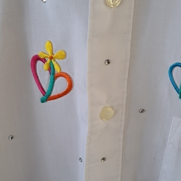 Mili Designs Women's Large White Long Sleeve Button Up Shirt Embroidered Floral - Picture 5 of 16